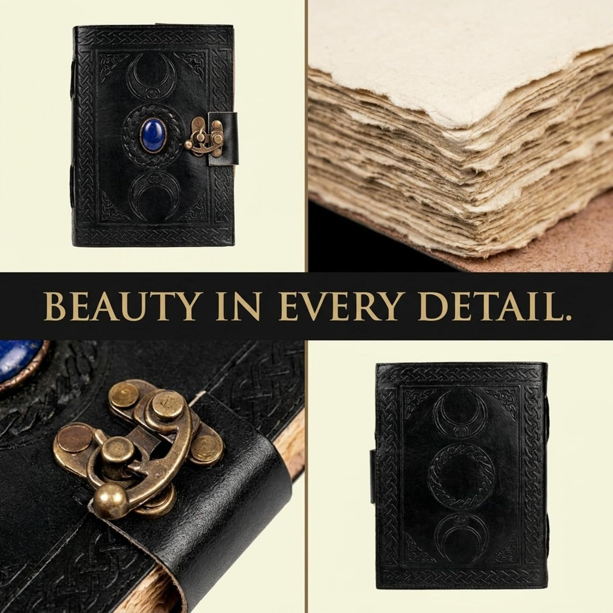 3 Moon Blue Lapis Embossed Vintage Leather Journal | 240 Pages of Antique Handmade Deckle Edge Vintage Paper, Leather Sketchbook, Drawing Journal, Great Gift (5 by 7 inch, black)
