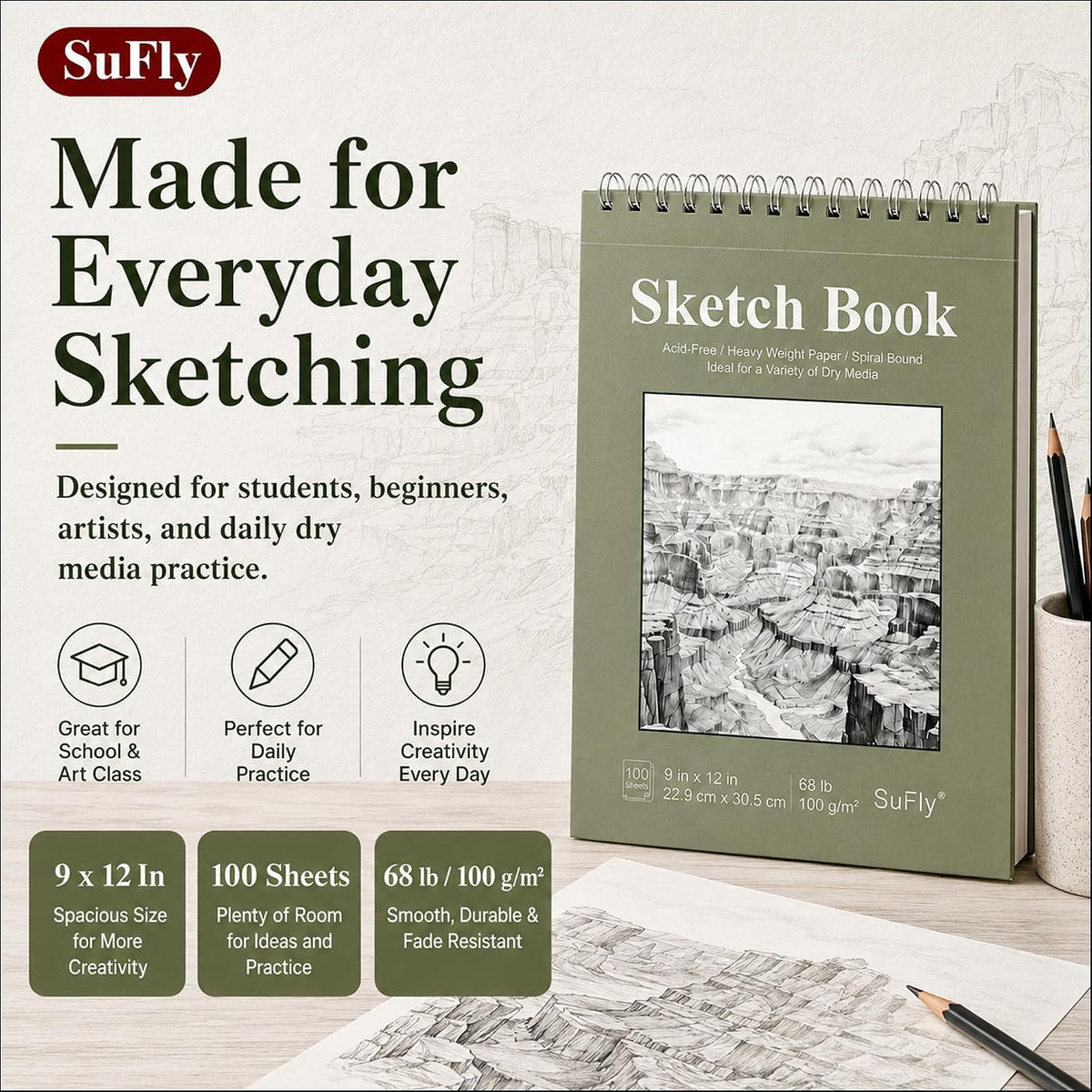 SuFly Sketch Book 9x12, 100-Sheet Drawing Paper Pad, 68lb/100gsm, Acid-Free