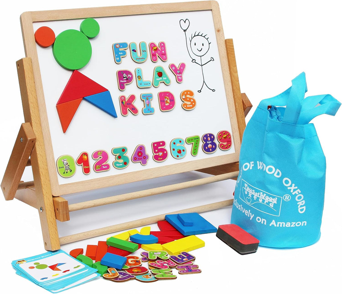 TOWO Wooden Easel for Kids, Foldable Double-Sided Magnetic Board