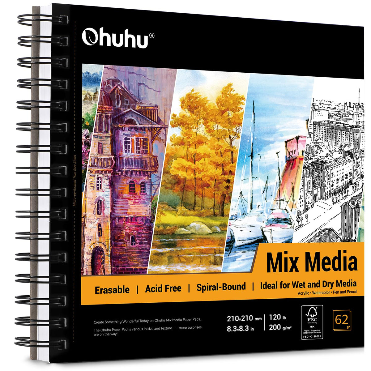 Ohuhu 7"x10" Mix Media Pad Art Sketchbook 62 Sheets for Painting Drawing