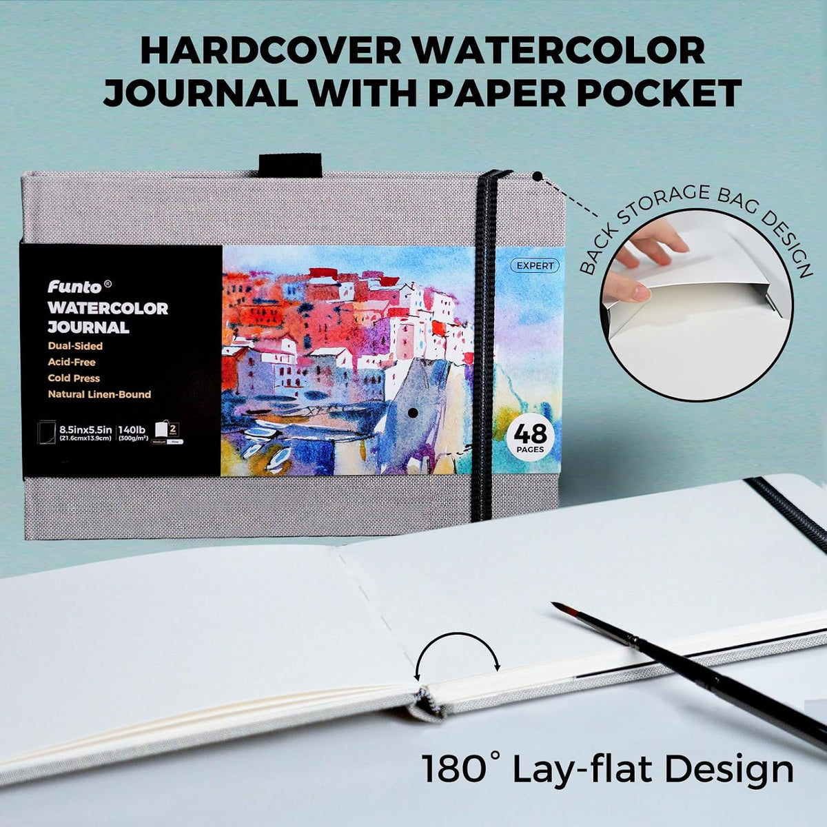 Funto Hardcover Watercolor Journal 2-Pack, 8.5x5.5, 140lb/300gsm Cold Press