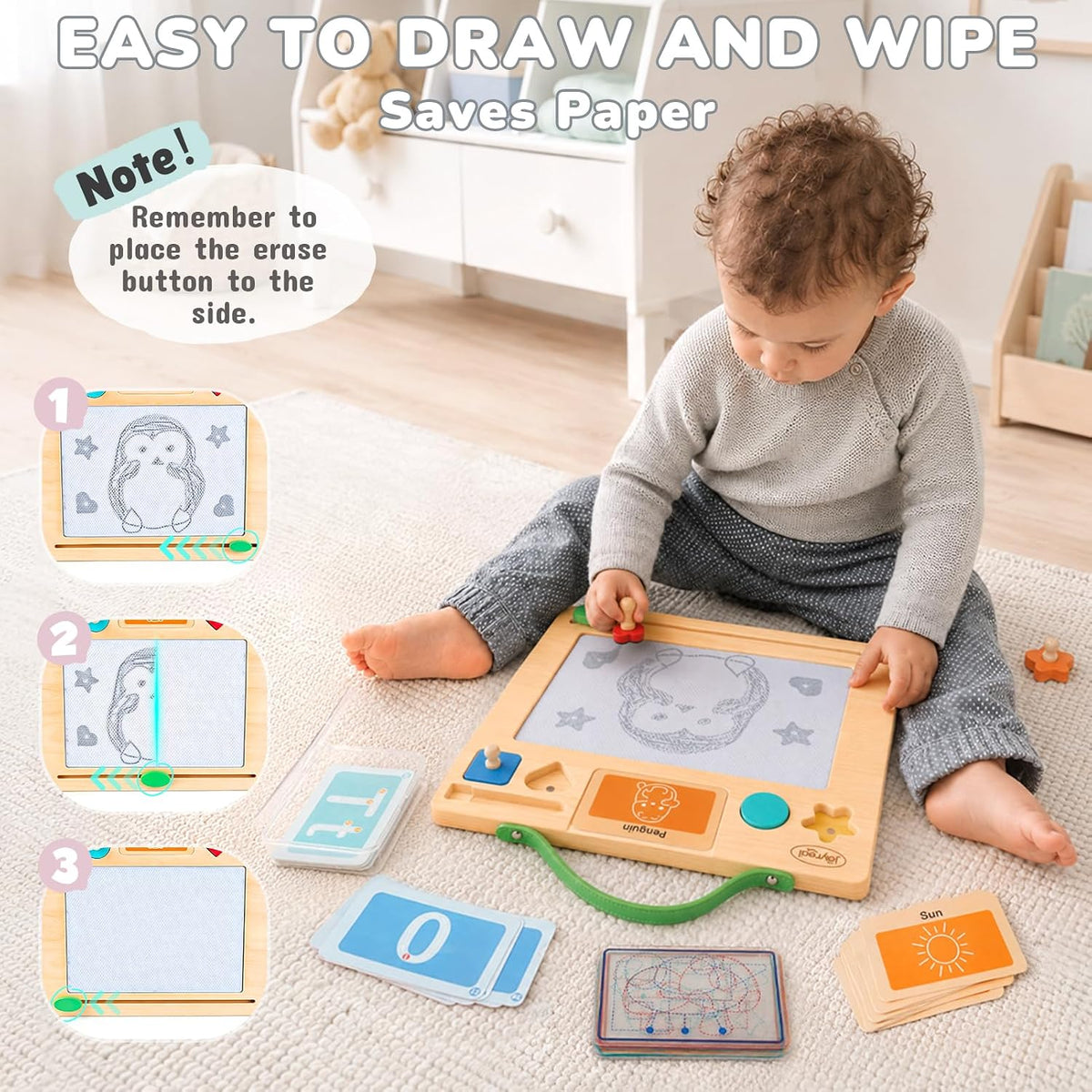Joyreal Wooden Letter Tracing Board for Toddlers, Magnetic Alphabet & Number Writing Practice Board with 44 Cards, Reusable Magnetic Drawing Board, Montessori Preschool Educational Toy Ages 3-5