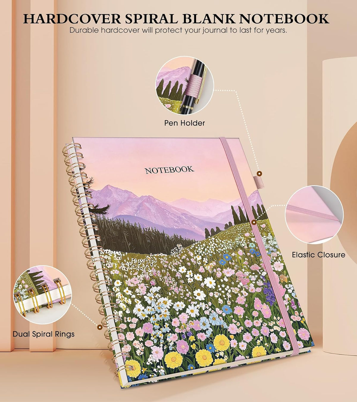 Blank Spiral Notebook Journal 8.5” x 11”, A4 Large Sketch Book for Women Men, 100 GSM Blank Paper Drawing Notebook, Hardcover Spiral Bound Sketchbook for Sketching Work School, Wildflower Mountainside