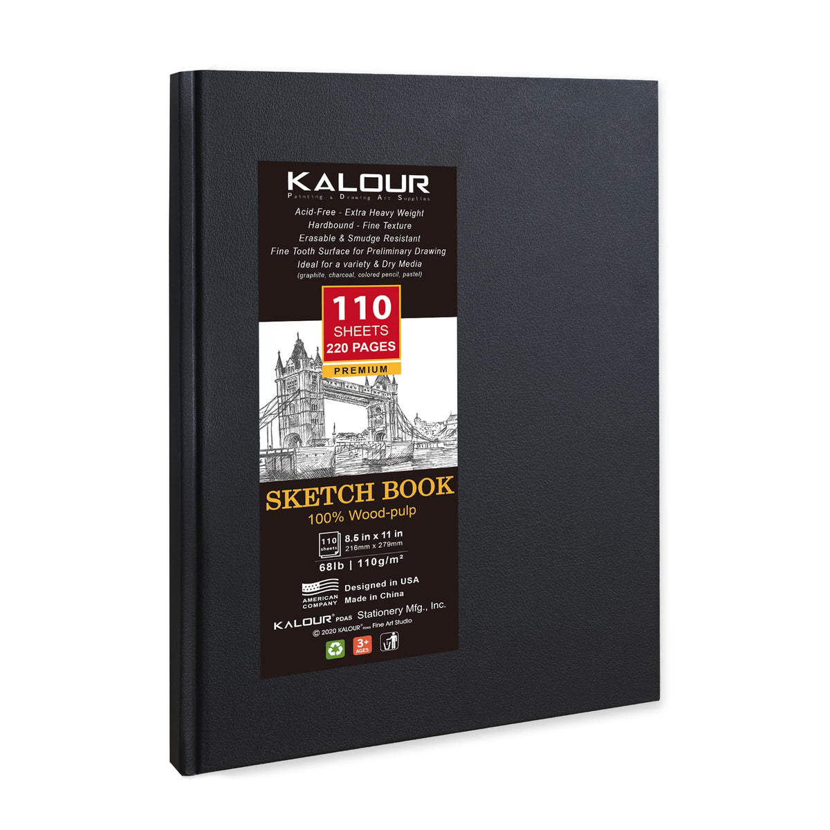 Kalour Hardcover Sketch Book,8-1/2 inch x 11 inch, 110-Sheets (68lb/110gsm),Acid Free Art Sketchbook, Artistic Drawing Painting Writing Paper for Adults Beginners Artists