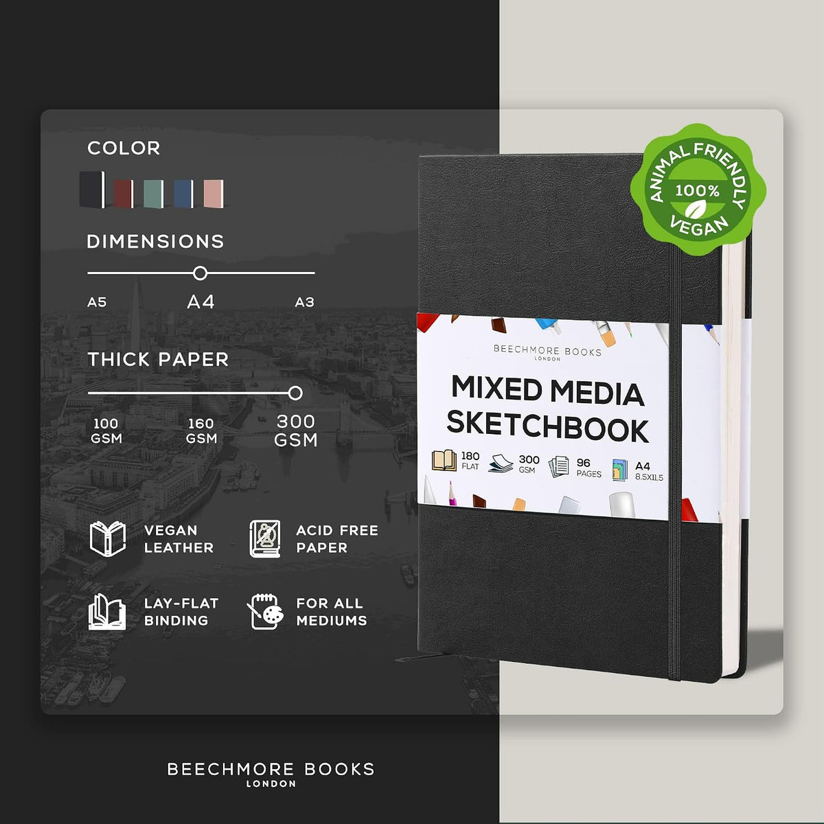 Beechmore Books A4 8.5x11 Mixed Media Sketchbook 300 GSM/140lb