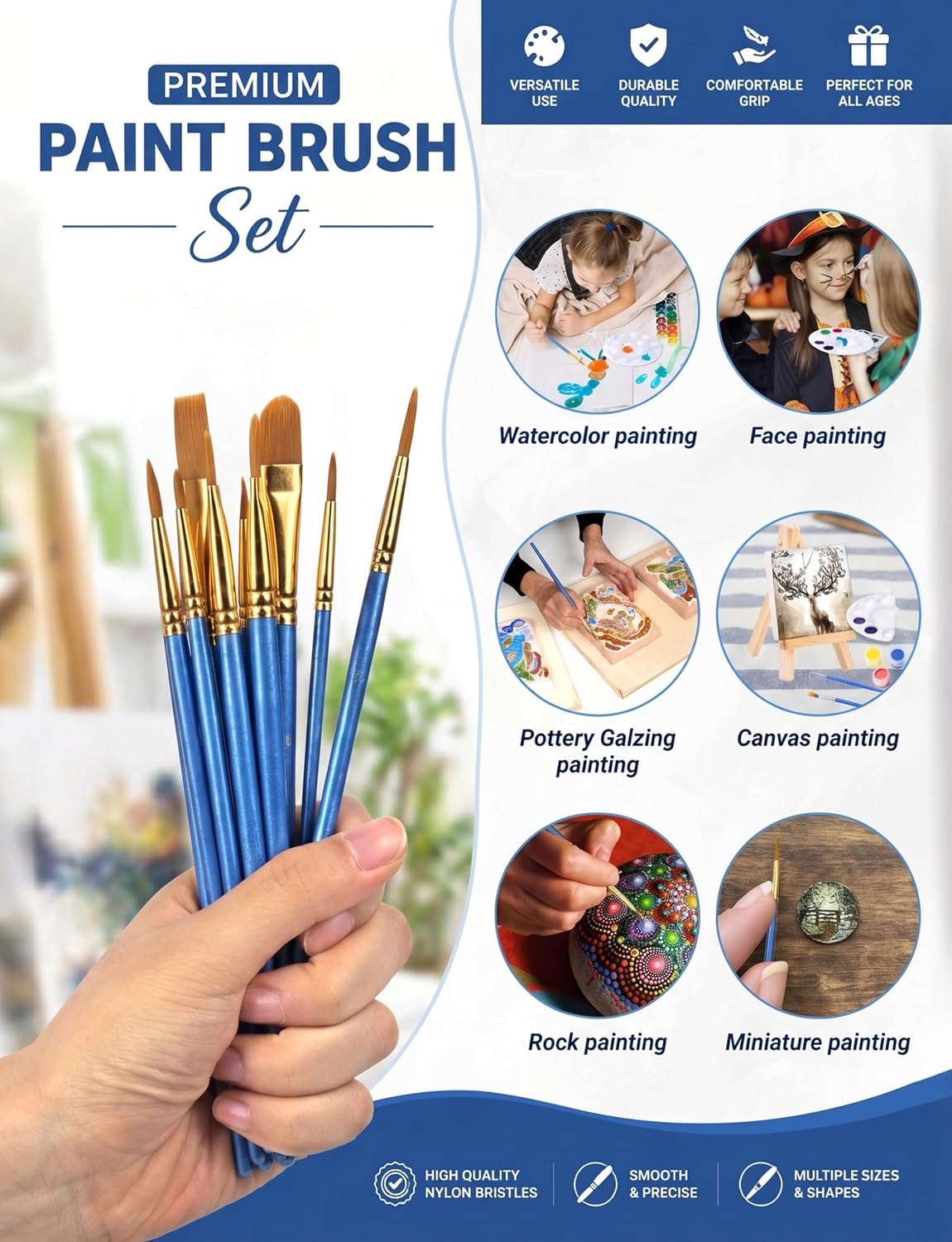 DUGATO Paint Brush & Palette Set, 20 Brushes with 5 Mixing Trays, Blue