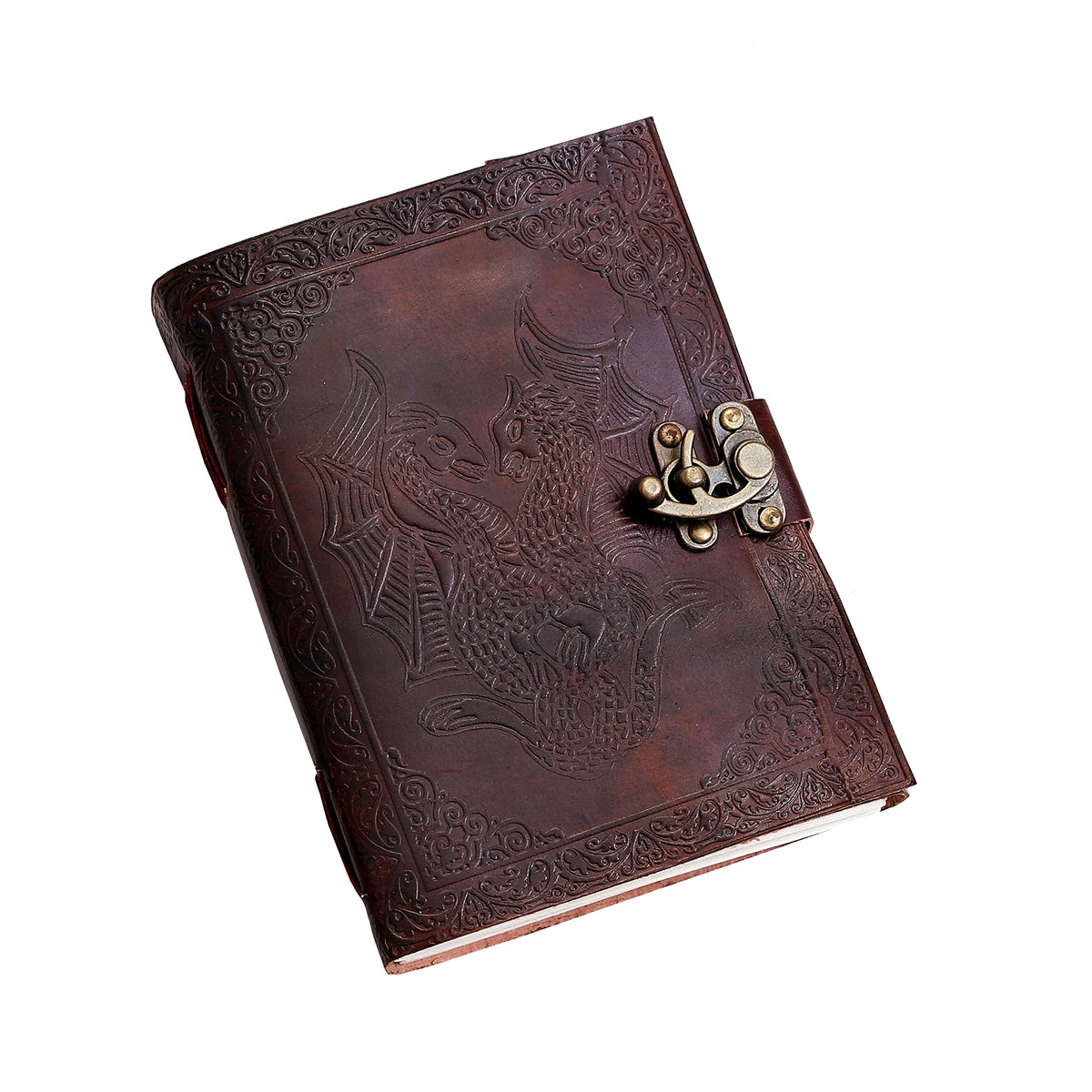 AzureGreen DOUBLE DRAGON Blank Page BOOK Handcrafted Leather Writing Unlined 5 x 7 JOURNAL (Brown)