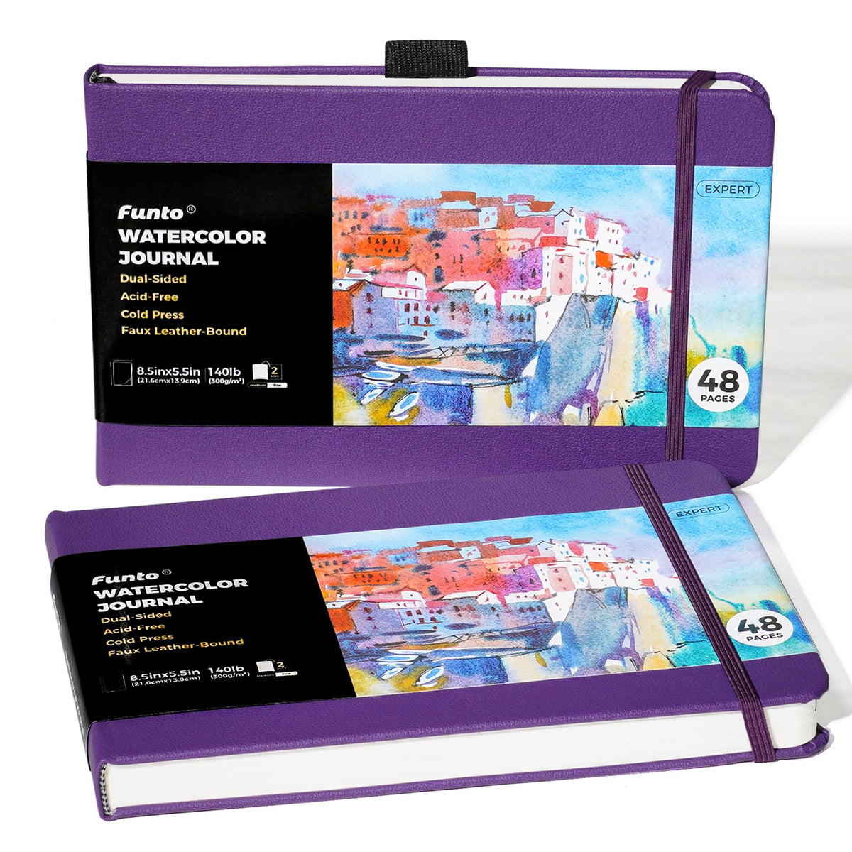 Funto Hardcover Watercolor Journal 2-Pack, 8.5x5.5, 140lb/300gsm Cold Press