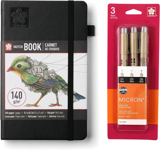 Sakura A5 Sketchbook & Pigma Micron Bundle, 3-Pack Fineliner Pen Set