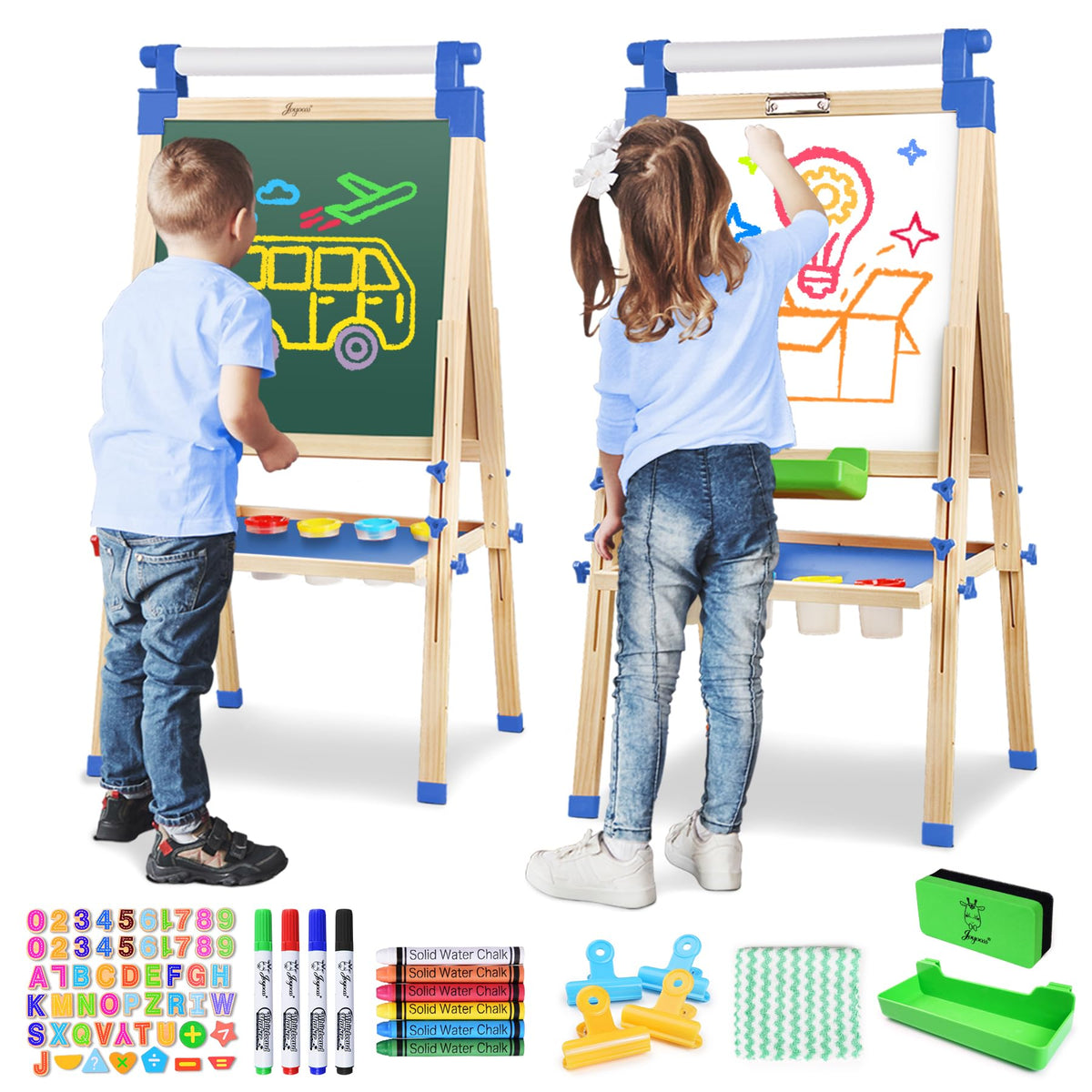 JOYOOSS Kids Wooden Easel with Paper Roll - Adjustable Magnetic Double Sided Drawing Board Whiteboard & Chalkboard Dry Easel Board,Children Art Easel for 3~12 Years Kids Boys Girls Painting Drawing