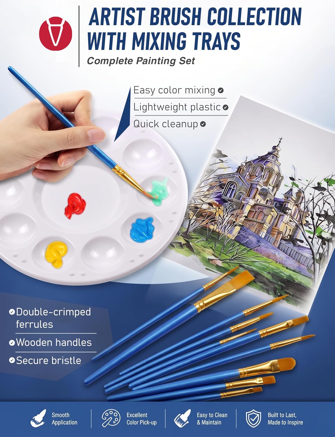 DUGATO Paint Brush & Palette Set, 20 Brushes with 5 Mixing Trays, Blue
