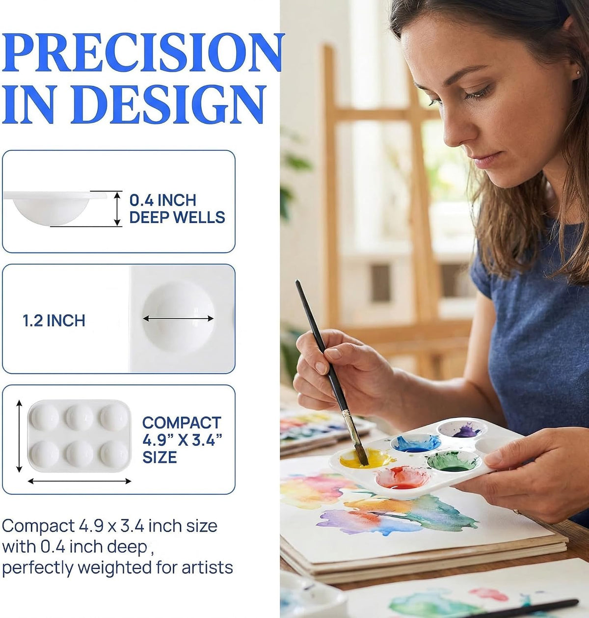 Cedilis 100 Pack White Art Paint Tray Palette, Rectangular Plastic Paint Tray for Kids, Adult, Student Watercolor Craft DIY Art Painting, 6 Wells, Easy to Clean
