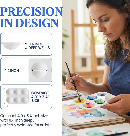 Cedilis 100 Pack White Art Paint Tray Palette, Rectangular Plastic Paint Tray for Kids, Adult, Student Watercolor Craft DIY Art Painting, 6 Wells, Easy to Clean