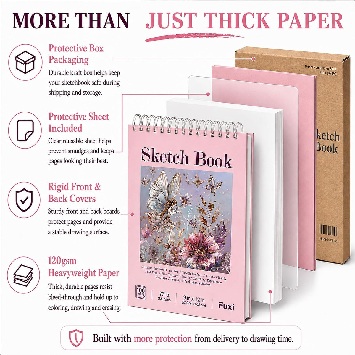 Fuxi Sketch Book for Girls 9x12, Cute Pink Sketchbook, 120gsm Thick Paper