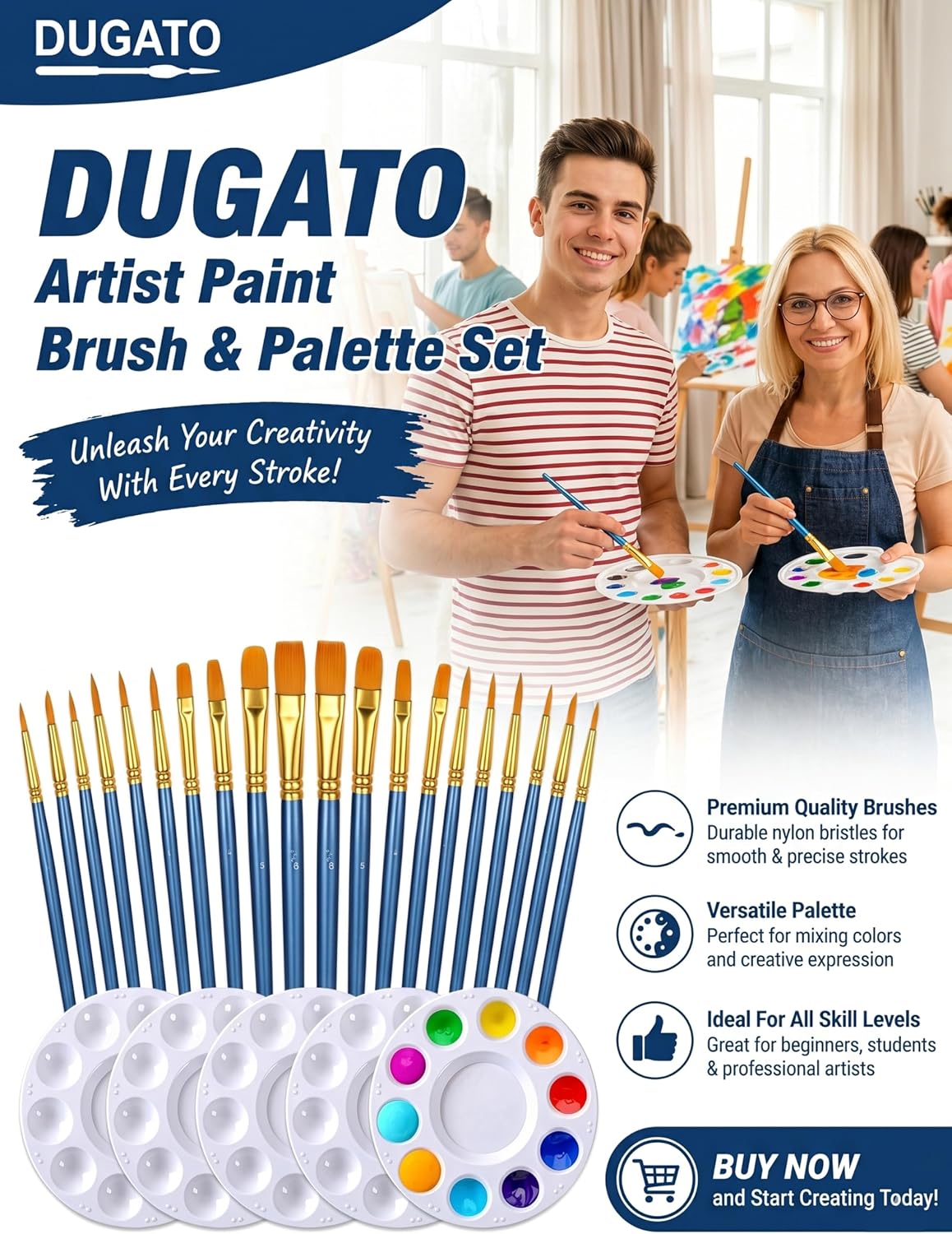 DUGATO Paint Brush & Palette Set, 20 Brushes with 5 Mixing Trays, Blue