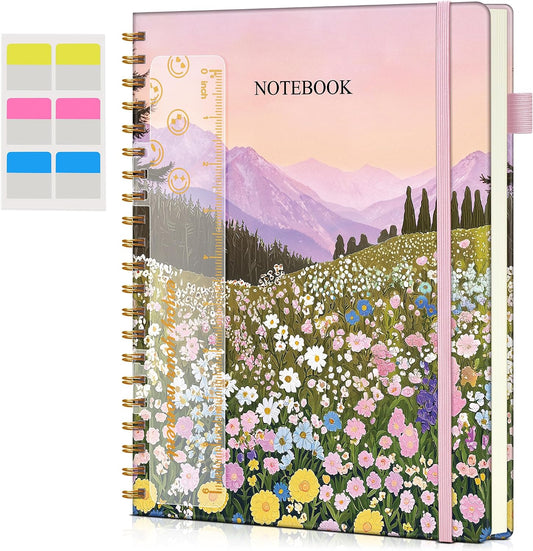 Blank Spiral Notebook Journal 8.5” x 11”, A4 Large Sketch Book for Women Men, 100 GSM Blank Paper Drawing Notebook, Hardcover Spiral Bound Sketchbook for Sketching Work School, Wildflower Mountainside