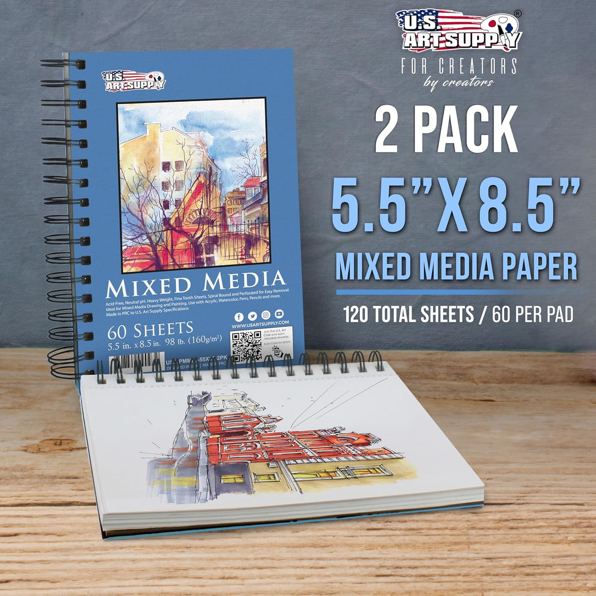 U.S. Art Supply 5.5"x8.5" Mixed Media Sketchbook, 2 Pack (60 Sheets)