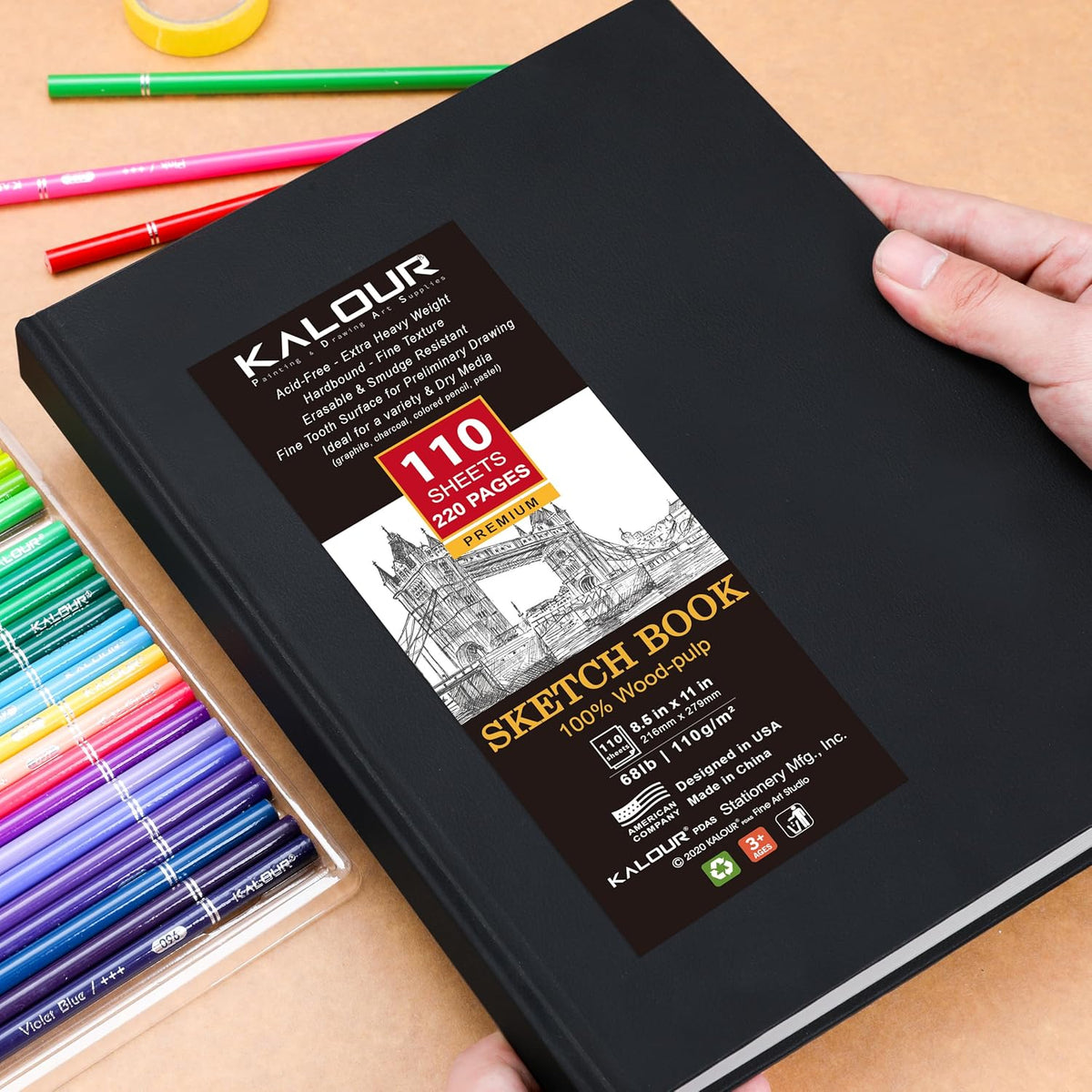 Kalour Hardcover Sketch Book,8-1/2 inch x 11 inch, 110-Sheets (68lb/110gsm),Acid Free Art Sketchbook, Artistic Drawing Painting Writing Paper for Adults Beginners Artists