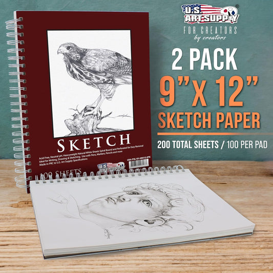 U.S. Art Supply 9"x12" Sketch Book Pad, Spiral Bound 100 Sheets Each,2-Pack