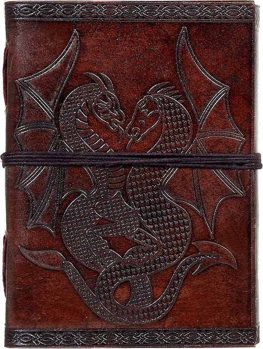 AzureGreen DOUBLE DRAGON Blank Page BOOK Handcrafted Leather Writing Unlined 5 x 7 JOURNAL (Brown)