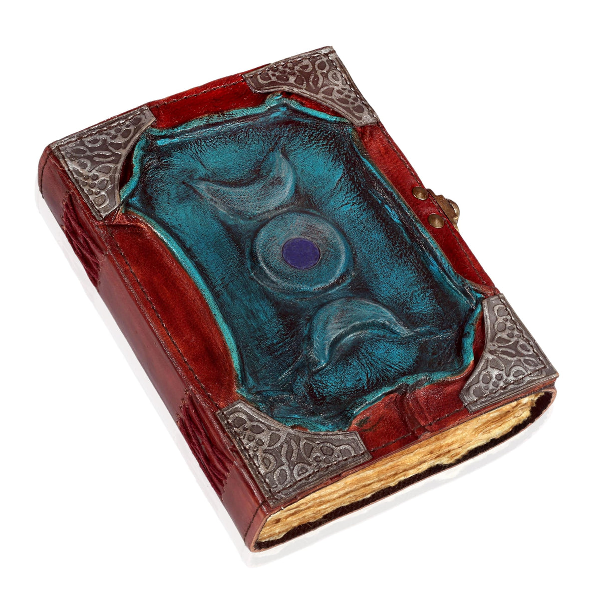 cuero 3 Moon Blue Lapis Embossed Vintage Leather Journal for Men & Women - 128 Pages, Antique Handmade Deckle Edge Vintage Paper, Leather Journal Writing Notebook Dairy Gift (5 inch by 7 inch, Brown)