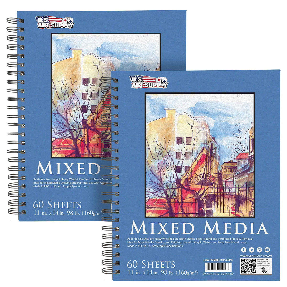 U.S. Art Supply 5.5"x8.5" Mixed Media Sketchbook, 2 Pack (60 Sheets)
