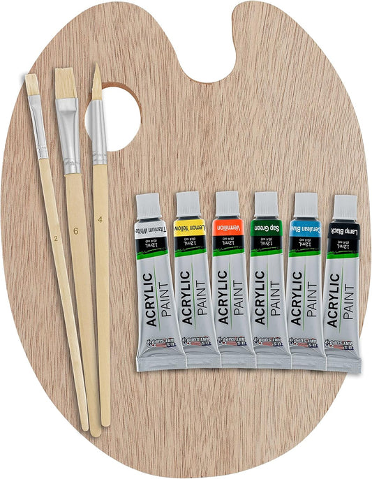 U.S. Art Supply Wood Painting Palette Set with 6-Piece Acrylic Paint Tubes