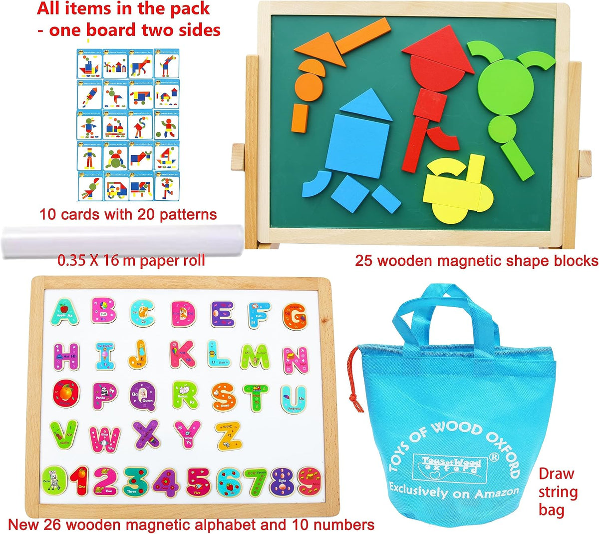 TOWO Wooden Easel for Kids, Foldable Double-Sided Magnetic Board