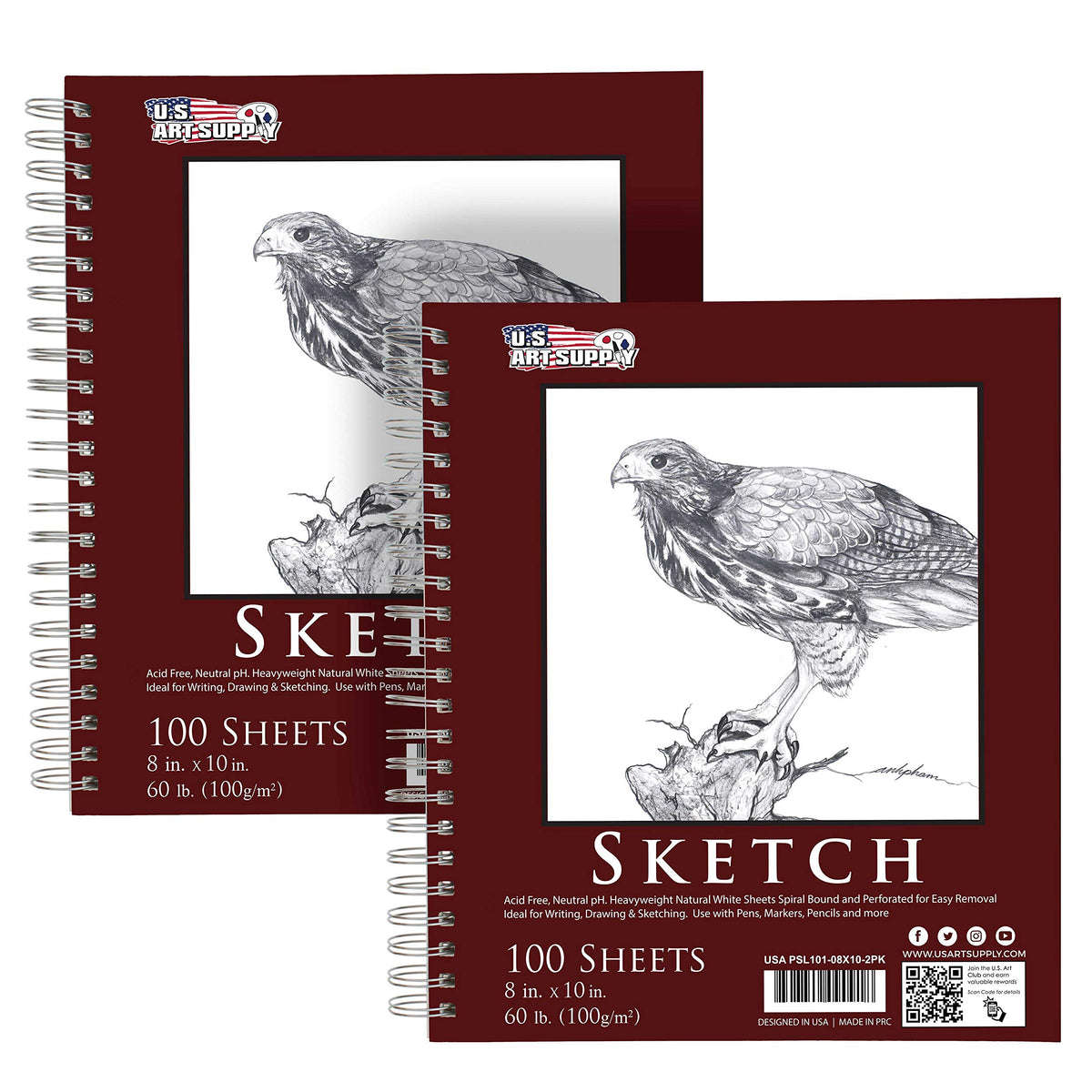 U.S. Art Supply 9"x12" Sketch Book Pad, Spiral Bound 100 Sheets Each,2-Pack