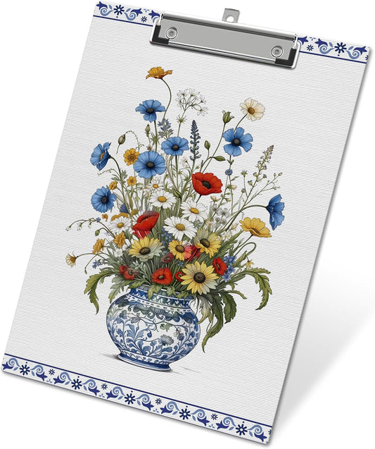 Floral Clipboard, Vintage Blue Clipboards with Low Profile Clip for Office School Use, Chinoiserie Wooden Clip Boards for Nurses Teachers Students - A09