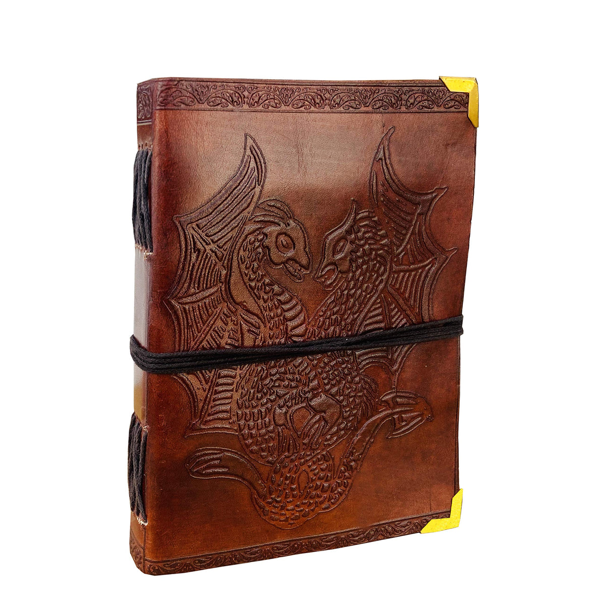 AzureGreen DOUBLE DRAGON Blank Page BOOK Handcrafted Leather Writing Unlined 5 x 7 JOURNAL (Brown)