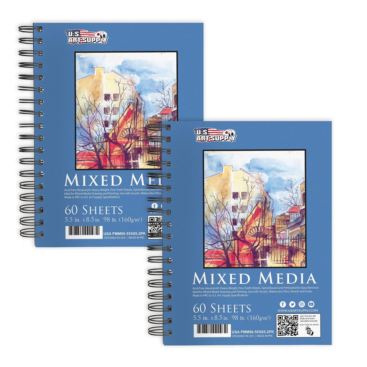 U.S. Art Supply 5.5"x8.5" Mixed Media Sketchbook, 2 Pack (60 Sheets)