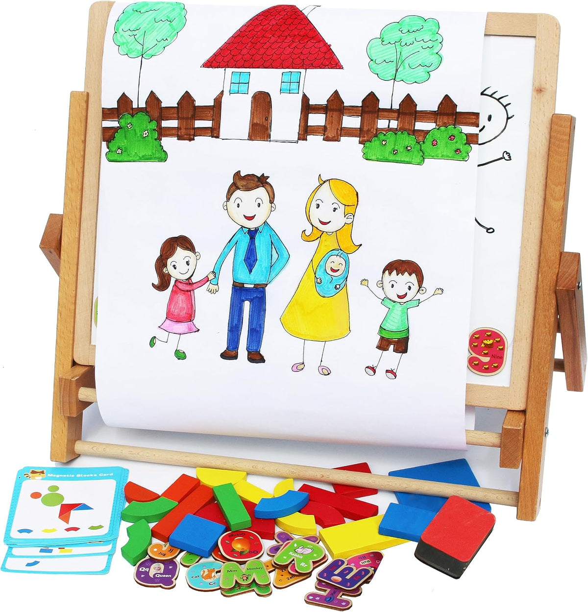 TOWO Wooden Easel for Kids, Foldable Double-Sided Magnetic Board