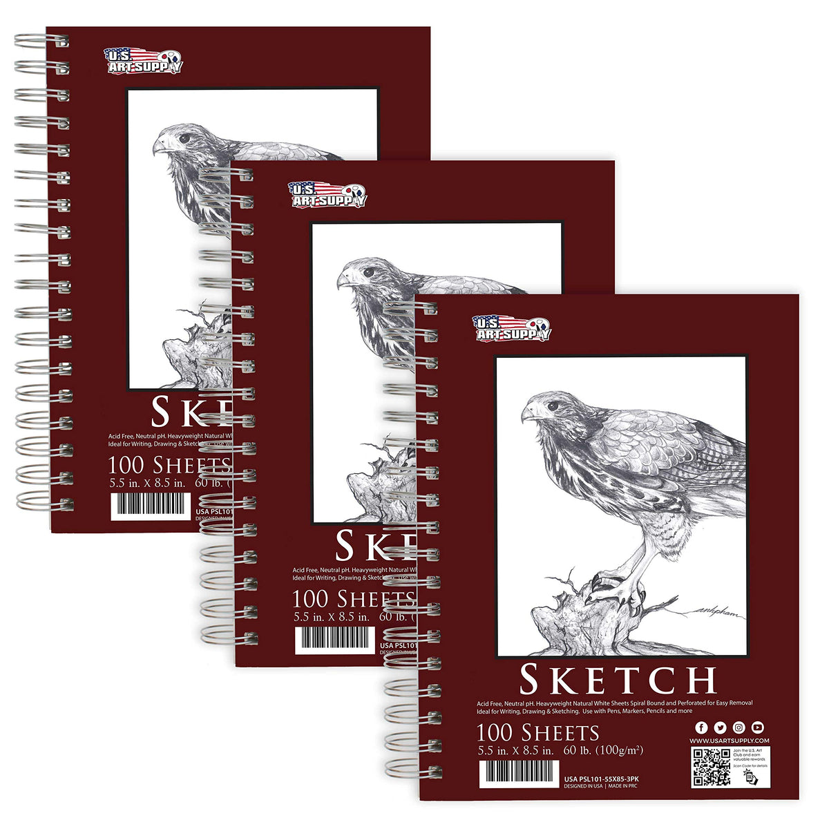 U.S. Art Supply 9"x12" Sketch Book Pad, Spiral Bound 100 Sheets Each,2-Pack