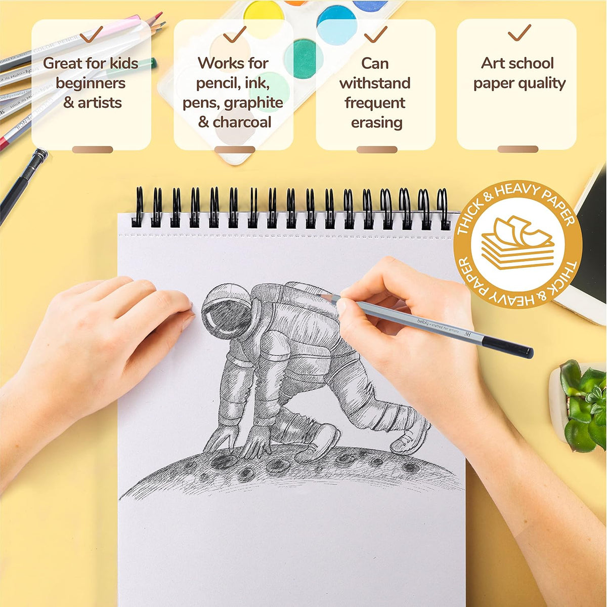 Bellofy 3 x Drawing Paper Pads 9” x 12” | 300 Sheets | 60lbs 85g | Acid Free Sketchbook Paper for Dry Media | Top Spiral Bound Sketchpad for Kids, Beginners, Artists & Professionals