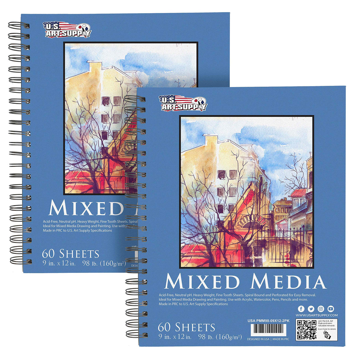 U.S. Art Supply 5.5"x8.5" Mixed Media Sketchbook, 2 Pack (60 Sheets)
